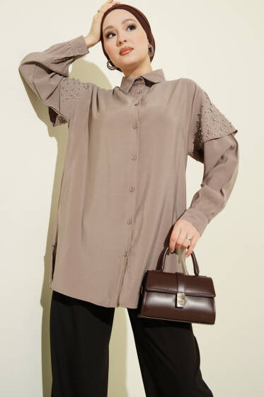 Omuz Pelerinli Taşlı Tensel Gömlek Vizon - Gömlek