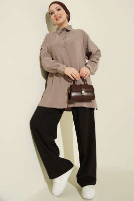 Omuz Pelerinli Taşlı Tensel Gömlek Vizon - Gömlek