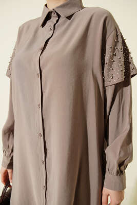 Omuz Pelerinli Taşlı Tensel Gömlek Vizon - Gömlek