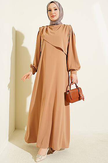 Omuz Pile Detaylı Elbise Camel - Elbise
