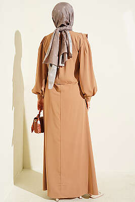 Omuz Pile Detaylı Elbise Camel - Elbise