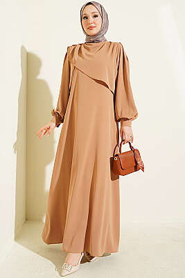 Omuz Pile Detaylı Elbise Camel - FENDEL