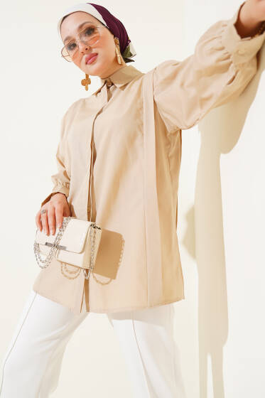 Omuz Pile Detaylı Gömlek Bej - Gömlek