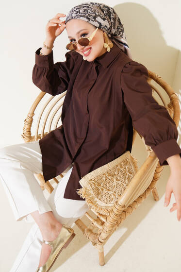 Omuz Pile Detaylı Gömlek Kahve - Gömlek