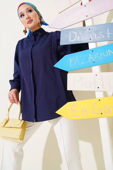 Omuz Pile Detaylı Gömlek Lacivert - Gömlek