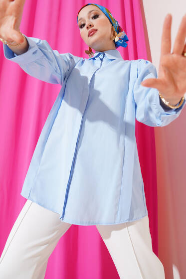 Omuz Pile Detaylı Gömlek Mavi - Gömlek