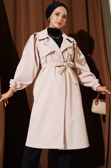 Omuz Pile Detaylı Parçalı Trençkot Bej - Trençkot