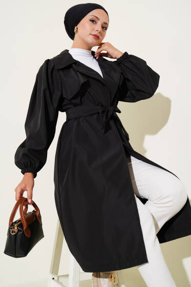 Omuz Pile Detaylı Parçalı Trençkot Siyah - Trençkot