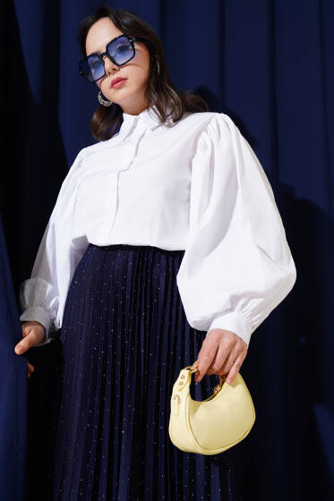 Omuz Pileli Balon Kol Kısa Gömlek Beyaz - Gömlek