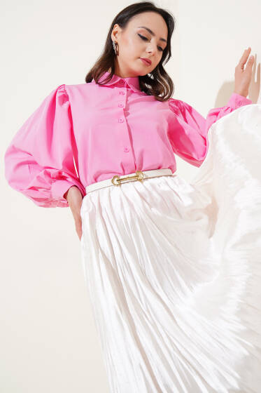 Omuz Pileli Balon Kol Kısa Gömlek Pembe - Gömlek