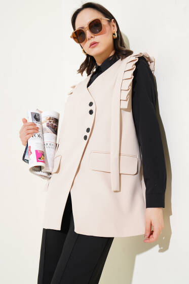 Omuz Pileli Cep Kapaklı Yelek Bej - Yelek