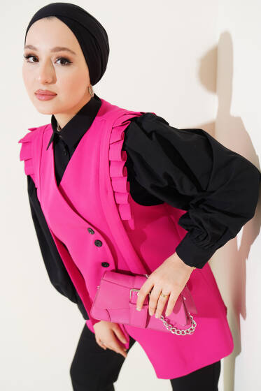 Omuz Pileli Cep Kapaklı Yelek Fuşya - Yelek