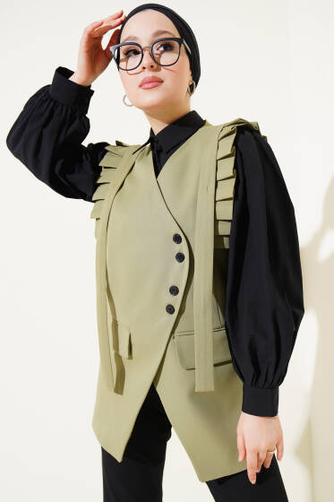 Omuz Pileli Cep Kapaklı Yelek Haki - Yelek