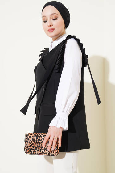 Omuz Pileli Cep Kapaklı Yelek Siyah - Yelek