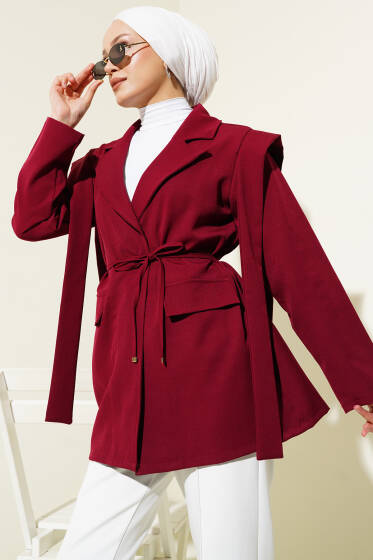 Omuz Pileli İp Bağcıklı Ceket Bordo - Ceket