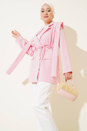 Omuz Pileli İp Bağcıklı Ceket Pembe - Ceket