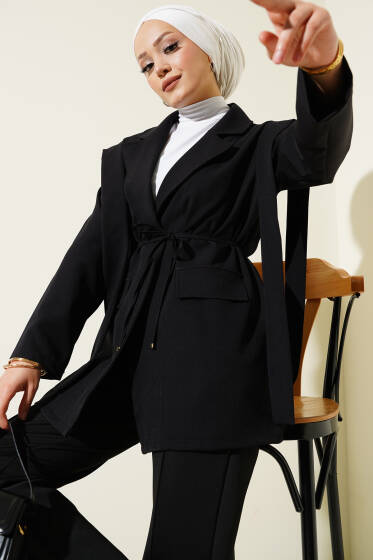 Omuz Pileli İp Bağcıklı Ceket Siyah - Ceket