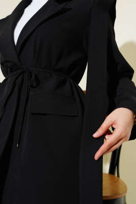 Omuz Pileli İp Bağcıklı Ceket Siyah - Yeni Sezon Kadın Ceket