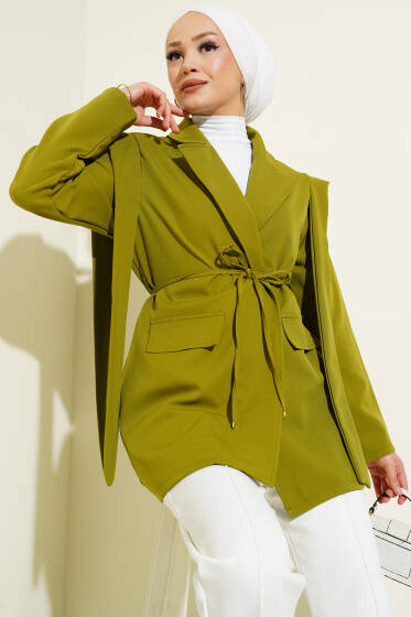 Omuz Pileli İp Bağcıklı Ceket Yağ Yeşili - Ceket