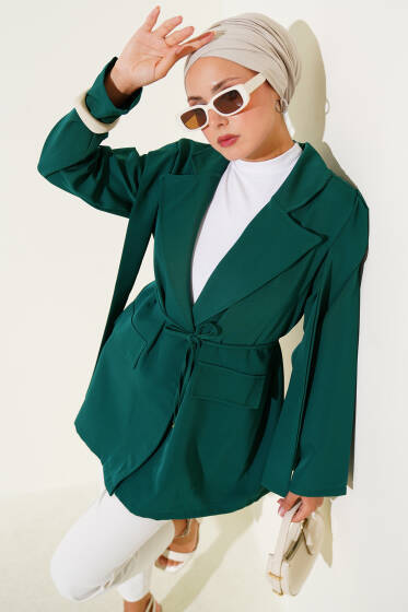 Omuz Pileli İp Bağcıklı Ceket Zümrüt - Ceket