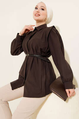 Omuz Pileli Kemerli Gömlek Acı Kahve - DUFON