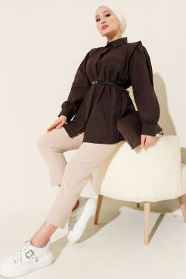 Omuz Pileli Kemerli Gömlek Acı Kahve - Gömlek