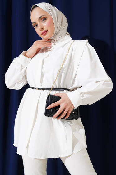 Omuz Pileli Kemerli Gömlek Ekru - Gömlek