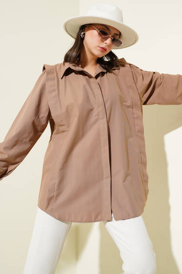 Omuz Pileli Kemerli Gömlek Kahve - Gömlek