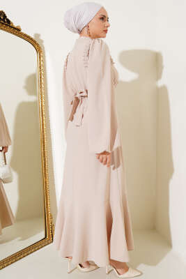 Omuz Pileli Taşlı Elbise Bej - Tesettür Elbise