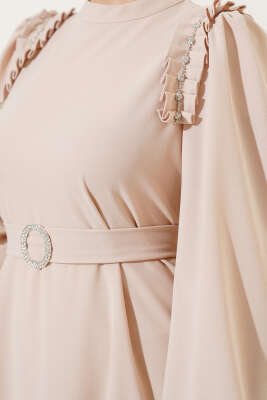 Omuz Pileli Taşlı Elbise Bej - Tesettür Elbise