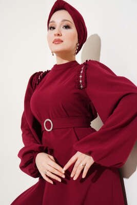 Omuz Pileli Taşlı Elbise Bordo - Tesettür Elbise