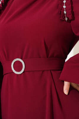 Omuz Pileli Taşlı Elbise Bordo - Tesettür Elbise