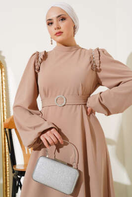 Omuz Pileli Taşlı Elbise Camel - Tesettür Elbise
