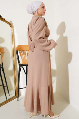 Omuz Pileli Taşlı Elbise Camel - Tesettür Elbise