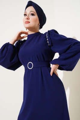 Omuz Pileli Taşlı Elbise Lacivert - Tesettür Elbise