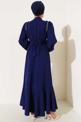 Omuz Pileli Taşlı Elbise Lacivert - Tesettür Elbise