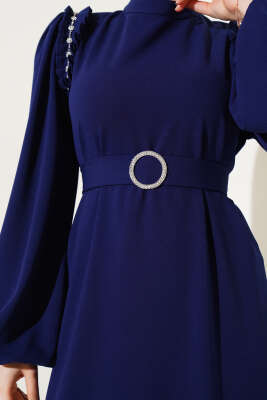 Omuz Pileli Taşlı Elbise Lacivert - Tesettür Elbise