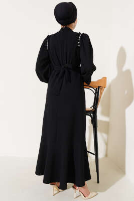 Omuz Pileli Taşlı Elbise Siyah - Tesettür Elbise