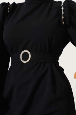 Omuz Pileli Taşlı Elbise Siyah - Tesettür Elbise