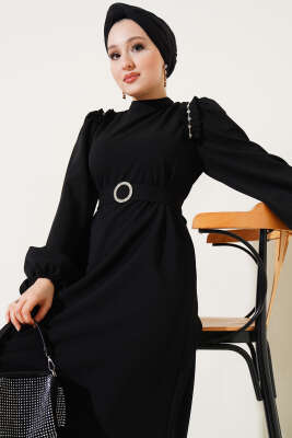 Omuz Pileli Taşlı Elbise Siyah - Tesettür Elbise