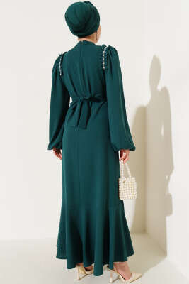 Omuz Pileli Taşlı Elbise Zümrüt - Tesettür Elbise