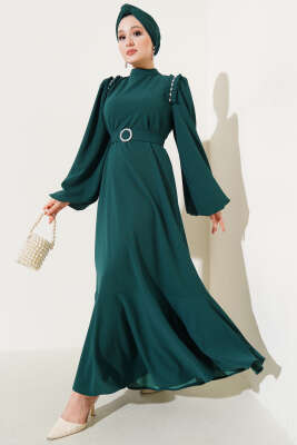 Omuz Pileli Taşlı Elbise Zümrüt - Tesettür Elbise