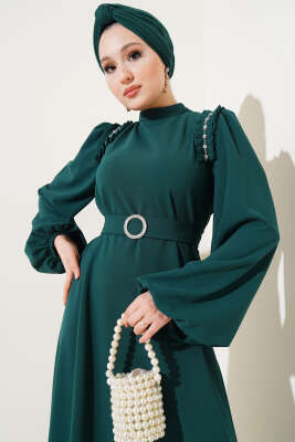 Omuz Pileli Taşlı Elbise Zümrüt - Tesettür Elbise