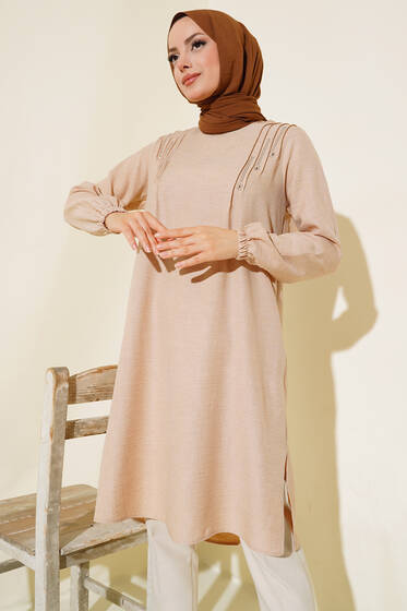 Omuz Pileli Taşlı Tunik Bej - Tunik