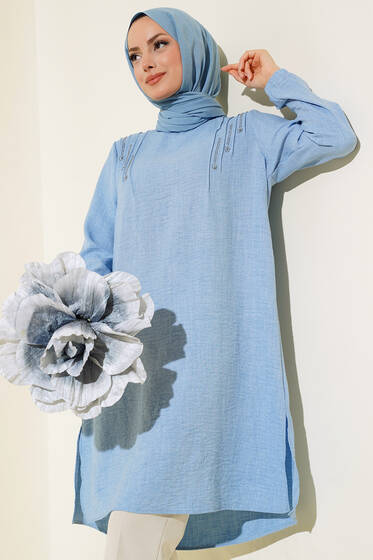 Omuz Pileli Taşlı Tunik Buz Mavisi - Tunik