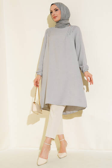 Omuz Pileli Taşlı Tunik Gri - Tunik