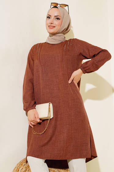 Omuz Pileli Taşlı Tunik Kahve - Tunik