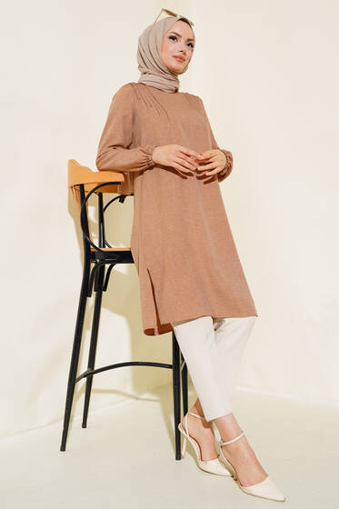Omuz Pileli Taşlı Tunik Latte - Tunik