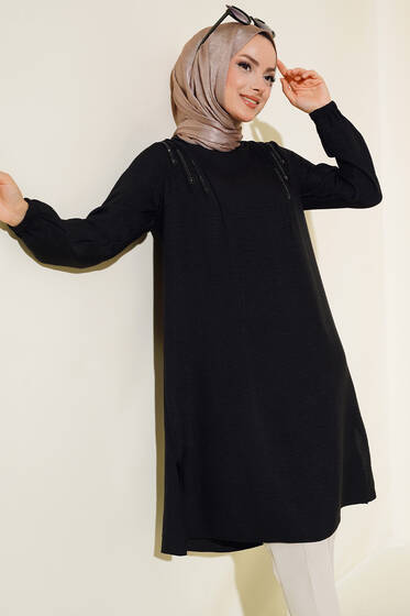 Omuz Pileli Taşlı Tunik Siyah - Tunik