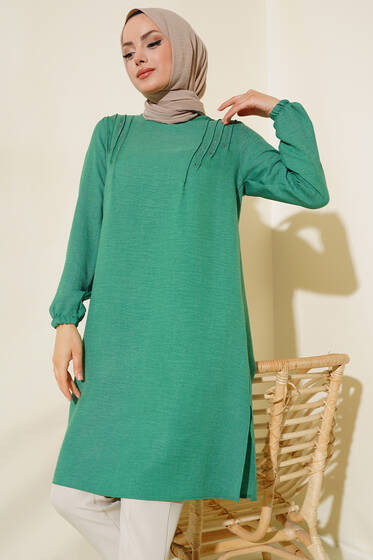 Omuz Pileli Taşlı Tunik Yeşil - Tunik